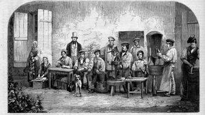 Die Abfüllung von Champagnerwein. Gravur von 1864