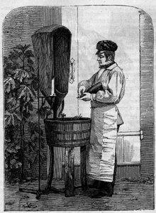 Das Abfüllen von Champagnerwein. Gravur von 1864.