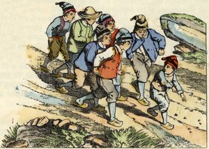 Die Brüder folgen dem kleinen Poulet, der weiße Kieselsteine auf dem Weg verstreut hat. Illustration aus dem Märchen „Der kleine Däumling“ von Charles Perrault