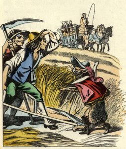 Der Kater zwingt die Bauern zu sagen, dass das Feld, auf dem sie Weizen mähen, dem Marquis de Carabas gehört. Illustration aus Charles Perraults Märchen „Der gestiefelte Kater“ von Unknown artist