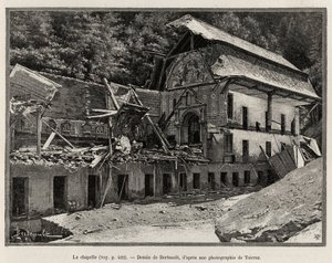 Die Kapelle, zerstört durch das Überlaufen der Arve. Berteault-Gravur zur Illustration der Geschichte „Die Katastrophe von Saint Gervais les Bains“