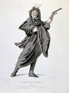 Die Figur des Crispin in „Der universelle Legat“ (1708) von Jean François Regnard (1655 - 1709). Gravur des 19. Jahrhunderts