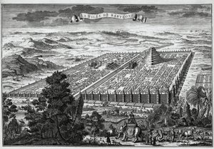 Die Stadtmauern von Babylon umgeben die hängenden Gärten und den Turm von Babel