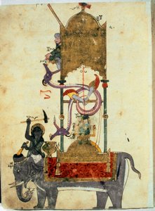 Die Wasseruhr in Form eines Elefanten. Eine mittelalterliche muslimische Erfindung, bestehend aus einer elefantenförmigen Wasseruhr, entworfen vom türkischen Ingenieur Ibn al-Rajjaj al-Jazari (1136-1206) um 1200