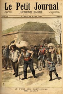 Die Wette der Coltineure, Sacklasten von 100 Kilogramm, die Wette besteht darin, Paris und Corbeil zu Fuß zu verbinden (32 Kilometer), Gewinner Jean Labas absolvierte das Rennen in 14 Stunden (12 Stunden vor dem Zweiten). Gravur in „Le petit journal“ 25/03