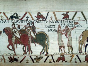 Die Eroberung der Bretagne durch den Herzog der Normandie Wilhelm den Eroberer (1027-1087): links erhält der Herzog die Schlüssel der Stadt Dinan, rechts macht er einen Ritter Harold, gesandt vom englischen König Edward dem Bekenner (Detail) von Unknown artist