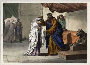 Die Krönung von Esther: Der persische König Assuerus I. (Xerxes I.) krönt seine Frau Esther. Anonyme Gravur des 19. Jahrhunderts. von Unknown artist