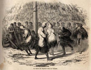 Der Tanz des Bayente oder Tanz des Teufels bei den Yahua-Indianern von Peru, organisiert zu Ehren des Mondes, findet jedes Jahr in einer Hütte im Wald statt; nach der Zeremonie werden die Hütte, Flöten und Trommeln sorgfältig verbrannt. Illustration