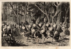 Der Tanz des Reisrundens, der im 10. Monat des Jahres stattfindet, bezieht sich auf Getreideernte. Gravur zur Illustration der Reise nach Japan, von Aime Humbert, Minister der Schweizerischen Eidgenossenschaft, 1863-1864, veröffentlicht in "Le tour du mond von Unknown artist