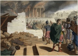 Die Zerstörung des Tempels und der Stadt Jerusalem im Jahr 70 durch den römischen Kaiser Titus (40-81). Anonyme Gravur aus der Mitte des 19. Jahrhunderts von Unknown artist