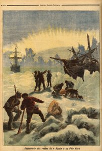 Die Entdeckung der Überreste der Ripple (norwegisches Schiff), im Eis am Nordpol gefangen. Gravur in „Le petit journal“ 16/12/1893. Sammlung Selva.