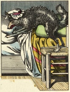Der verkleidete Wolf nimmt den Platz der Großmutter im Bett ein. Illustration des Märchens „Rotkäppchen“ von Charles Perrault. von Unknown artist