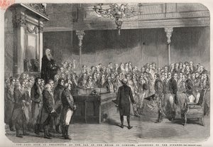 Der Duke of Wellington (Arthur Wellesley) steht an der Bar des House of Commons, um die Glückwünsche des Sprechers zu seinem Sieg bei Vimeiro, Peninsular War, entgegenzunehmen