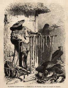 Der Stand eines Metzgers in den Vororten von Sainte Martha (Santa Marta, Kolumbien), die Ochsen bluten und die Haut wird sorgfältig gespannt, das Fleisch wird in Streifen geschnitten und gesalzen und getrocknet, der Rest, ungenießbar, wird auf den Boden ge