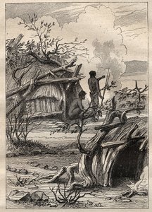 Die Expedition um die Welt (1790-1792) von Kapitän Etienne Marchand (1755-1793): indigene Hütten des Landes Enddacht (Australien) - Illustration aus „Die großen Seefahrer des 18. Jahrhunderts“