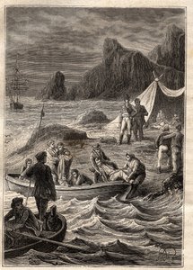 Die Expedition in die südlichen Länder (1800-1803) von Nicolas Baudin (1754-1803): die Skorbutkranken wurden an Land in der Bay of Adventure (Tasmanien, Australien) gebracht - Illustration aus „The Great Mariners of the 18th century“ von Unknown artist