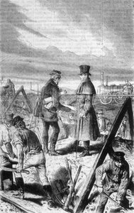 Die erste Dampflokomotive, gebaut vom britischen Ingenieur George Stephenson (1781-1848).