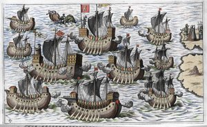 Die Flotte von Christoph Kolumbus (Cristoforo Colombo) zur Eroberung der Neuen Welt - in „Nova Tipus Transacto Navigatio Novi Orbi“ von Philoponus Honorius