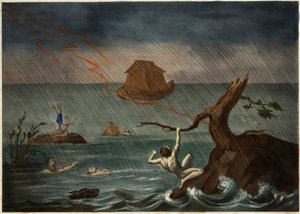 Die Sintflut mit der Arche Noah in der Ferne. Anonyme Gravur aus der Mitte des 19. Jahrhunderts von Unknown artist