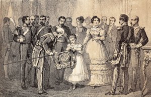 Die zukünftige Königin von Spanien Isabella II. (Isabella von Bourbon) (1830-1904) dekoriert die Fahne der Speere der Garde des Ordens von San Fernando. Lithographie.