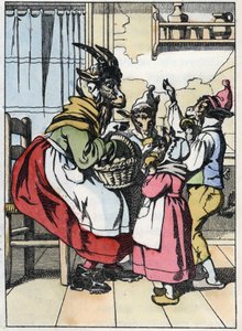 Die Ziege kommt vom Markt zurück und hört die Geschichte der Zicklein. Illustration des Märchens „Compere le Loup, Maitre Renard, Comere la Chevre et ses petits biquets“ nach einer Fabel von Jean de La Fontaine. In „Märchen aus dem Heim für die Kleinen“. A