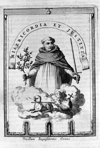 Das Banner der Inquisition in Goa, portugiesische Kolonie in Indien - Ein dominikanischer Vertreter trägt das Emblem der Inquisition: ein Schwert und ein Olivenzweig, Symbol der Bestrafung, aber auch des Friedens und der Gerechtigkeit