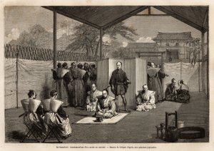 Der Hara Kiri: Verurteilung eines Adligen zum rituellen Selbstmord; verurteilt ihn, ein Knie auf der weißen Matte wird das Messer benutzen, um seinen Bauch zu öffnen, dann steht der Samurai hinter ihm und enthauptet ihn mit einem Schwert. Gravur zur Illust