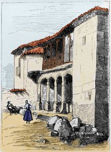 Das Haus von Sante de Valcuebo in Salamanca, wo Christoph Kolumbus seine erste Konferenz abhielt. Gravur des 19. Jahrhunderts