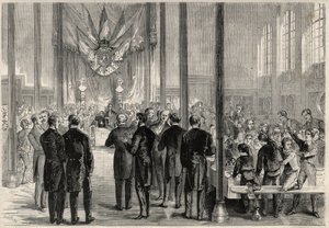 Der kaiserliche Prinz Eugene Louis Joseph (1856-1879) nimmt am Bankett des Heiligen Karl des Großen in Paris im Lycée Bonaparte (später Lycée Condorcet) teil. Gravur in „The Universe illustrious“.