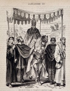 Die Könige von Frankreich Ludwig VII. der Jüngere (1120 - 1180) und England eskortieren Papst Alexander III. - in „Histoire des popes“ von Unknown artist