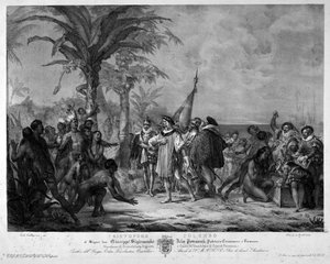 Die Landung von Christoph Kolumbus in San Salvador (Bahamas) am 12.10.1492. Gravur des 19. Jahrhunderts. von Unknown artist