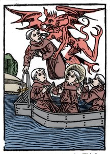 Die Legende von Sankt Brendan (Brandan), Held und irischer Heiliger des 6. Jahrhunderts. Der Teufel entführt den Dieb-Mönch. Gravur aus „Die wunderbare Meerfahrt des Hl. Brandan.“ Basel von Unknown artist