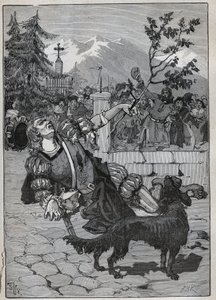 Die Linde von Freiburg: Ein Soldat der Helvetischen Konföderation kam nach Freiburg, um den Sieg der Schweiz gegen Karl den Kühnen in der Schlacht von Murten am 22. Juni 1476 mit einem Lindenast vom Schlachtfeld zu verkünden. Der Soldat starb. von Unknown artist