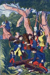 Die Holzfäller verlassen ihre Kinder. Illustration für „Le Pepetit poucet“, Märchen von Charles Perrault (1628-1703), französischer Schriftsteller. Anonyme Illustration. Bildmaterial Marcel Vagne, Jarville Nancy, undatiert (spätes 19. Jahrhundert)