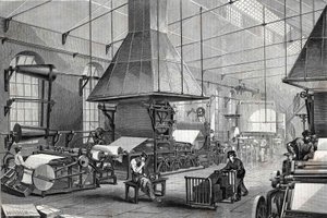 Der Maschinenraum einer Papierfabrik. Gravur