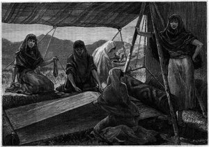 Die Herstellung von Teppichen durch nomadische Frauen Persiens. Gravur im Journal „La jeunesse“