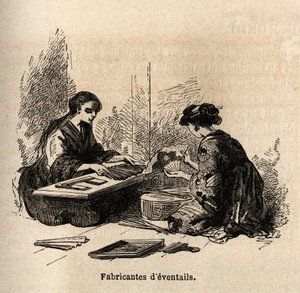 Die Herstellung von Fächern. Gravur zur Illustration der Reise nach Japan in den Jahren 1863-1864 von Aimé Humbert, Minister der Schweizerischen Eidgenossenschaft, in „Le tour du monde, nouveau journal des voyages“, herausgegeben von Edouard Charton von Unknown artist