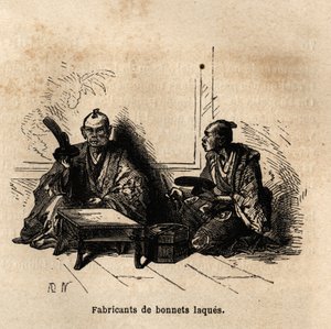 Der Hersteller von lackierten Bechern. Gravur zur Illustration der Reise nach Japan 1863-1864 von Aime Humbert, Minister der Schweizerischen Eidgenossenschaft, in „Le tour du monde, nouveau journal des voyages“, herausgegeben von Edouard Charton von Unknown artist