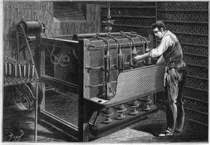 Die mechanische Installation von M. Marguery, Restaurateur, in Paris: automatische Flaschenwaschmaschine, dargestellt als betrieben durch eine kleine dynamoelektrische Maschine von Gram (Zenobe Theophile Gram 1826-1901). Gravur in „La Nature: revue des sci von Unknown artist