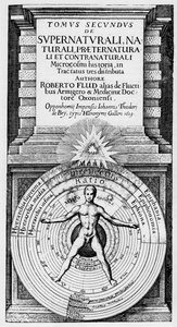 Der Mikrokosmos und der Makrokosmos - Allegorische Darstellung der Position des Menschen im Universum (Vitruvianischer Mensch): Beziehung des Menschen (Mikrokosmos) zum Makrokosmos, symbolisiert durch die Sphären der Sonne, des Mondes und der Planeten, ver