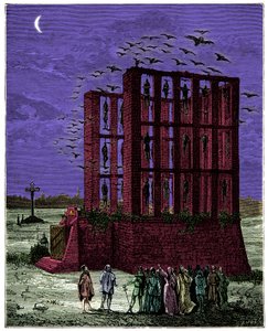 Der Montfaucon-Galgen in Paris war eine Masse aus Stein, gekrönt von sechzehn Säulen (Spitzname: Gabeln der großen Gerechtigkeit, nordöstlich von Paris gelegen), Gravur 19. Jahrhundert von Unknown artist