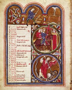 Der Monat September, landwirtschaftliche Arbeiten (Ernte, Dreschen des Weizens mit einer Blume), das Fest der Kreuzerhöhung, St. Georg besiegt den Drachen. Manuskriptseite aus „Der Psalter der Heiligen Elisabeth“ 13. Jahrhundert, Cividale, Museum