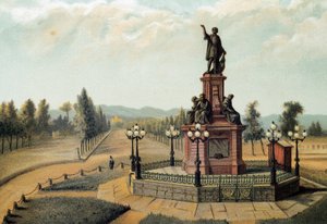 Das Denkmal für den Seefahrer Christoph Kolumbus (Cristoforo Colombo, Cristobal Colon) (1451-1506) auf dem Paseo de la Reforma in Mexiko-Stadt, Mexiko. Chromolithographie von 1885