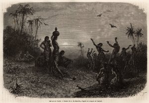 Der Mondscheinball, der die 18-Jahr-Feier und die Hochzeit eines jungen Indianers aus Rio Verde (Brasilien) abschließt. Gravur zur Illustration der Reise nach Neu-Granada, von Dr. Saffray, 1869, veröffentlicht in „Le tour du monde“ 1873, herausgegeben von
