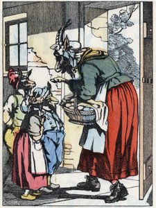 Die Mutterziege geht spazieren und warnt ihre Zicklein. Illustration des Märchens „Compere le Loup, Maitre Renard, Comere la Chevre et ses petits biquets“ nach einer Fabel von Jean de La Fontaine. In „Märchen aus dem Heim für die Kleinen“. Anonyme Gravur d von Unknown artist