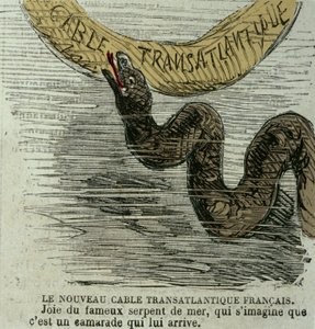 Das neue französische transatlantische Kabel - Freude der berühmten Seeschlange, die sich vorstellt, es sei ein Kamerad, der zu ihm kommt. Humoristische Zeichnung über die riesige Seeschlange und das 1858 verlegte transatlantische Kabel. Gravur aus der Zei