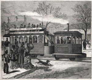 Die neuen Dampfstraßenbahnen in Paris im Jahr 1876 auf der Linie Saint-Germain-des-Prés an der Tür von Chatillon, Gravur. Bianchetti-Sammlung