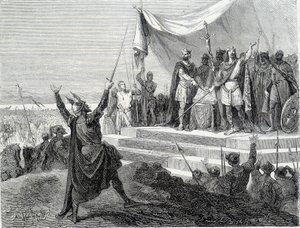 Der Eid der beiden Brüder vor ihrer Rüstung: Karl II. der Kahle und Ludwig II. der Deutsche schwören den Eid gegen Lothar I. (Eide von Straßburg 842). Gravur des 19. Jahrhunderts.
