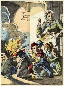 Die Frau des Ogers wärmt den kleinen Poulet und seine Brüder am Feuer. Illustration aus dem Märchen „Der kleine Däumling“ von Charles Perrault