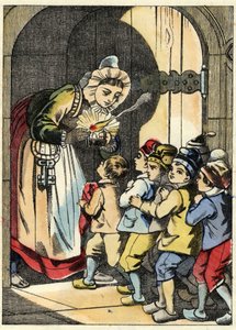 Die Frau des Ogers öffnet dem kleinen Poulet und seinen Brüdern die Tür. Illustration aus dem Märchen „Der kleine Däumling“ von Charles Perrault